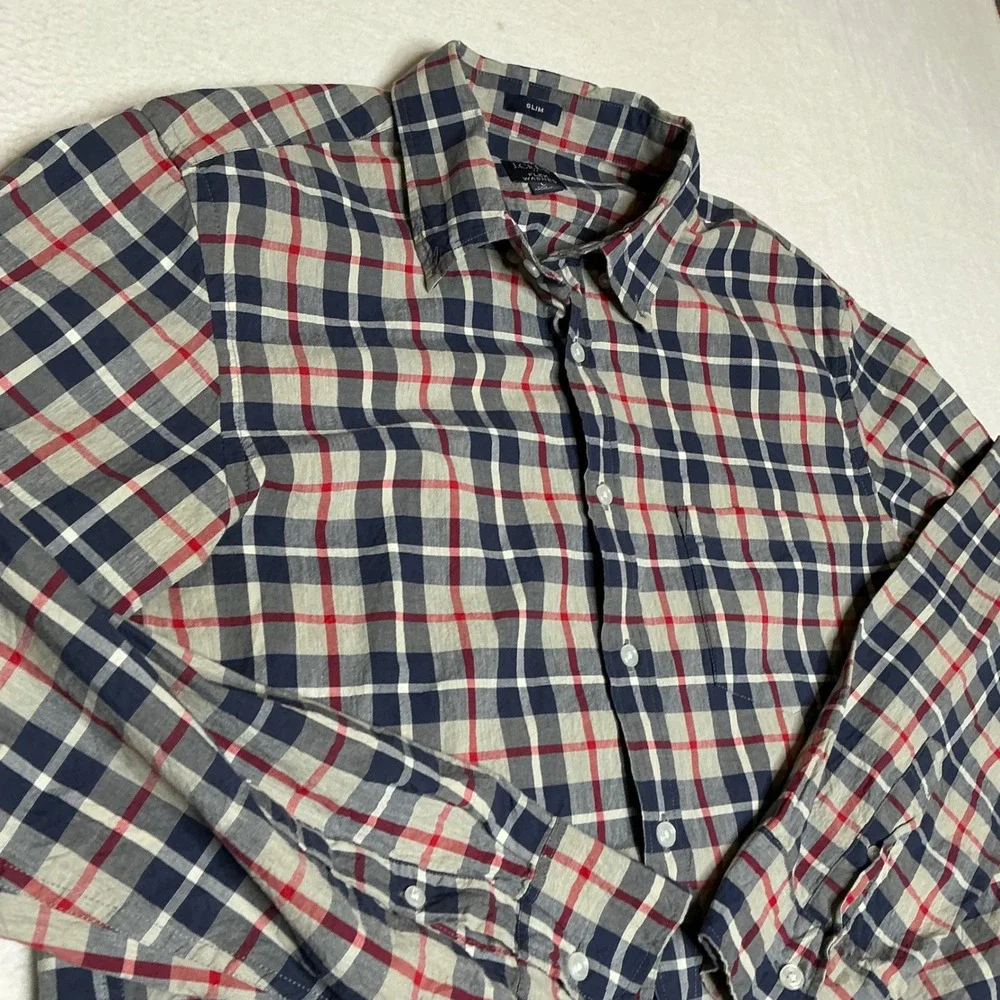 J. Crew Mens Slim Flex Washed Plaid Button Down‎ Shirt Size Large